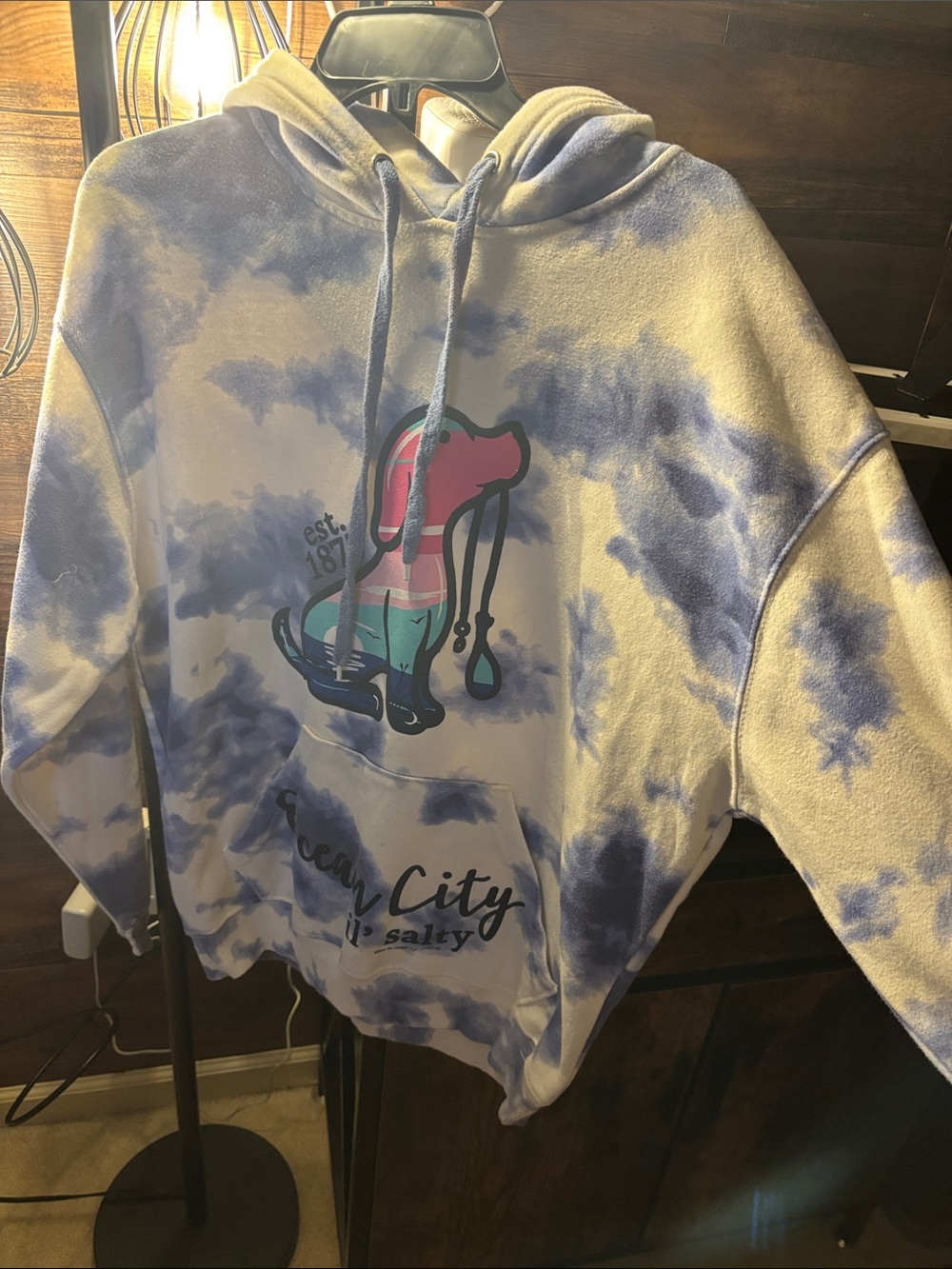 Blue Tie-Dye Ocean City Hoodie with Dog Design